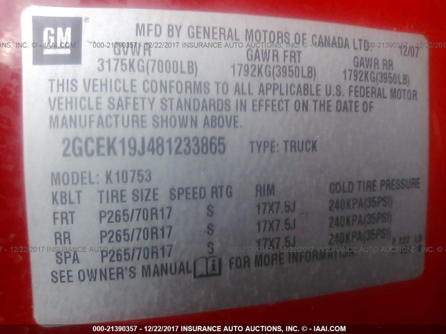 2GCEK19J481233865 - 2008 CHEVROLET SILVERADO K1500 RED photo 9