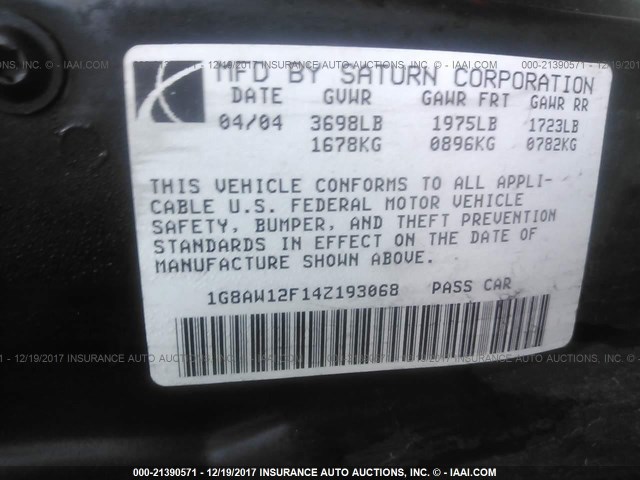 1G8AW12F14Z193068 - 2004 SATURN ION LEVEL 3 RED photo 9