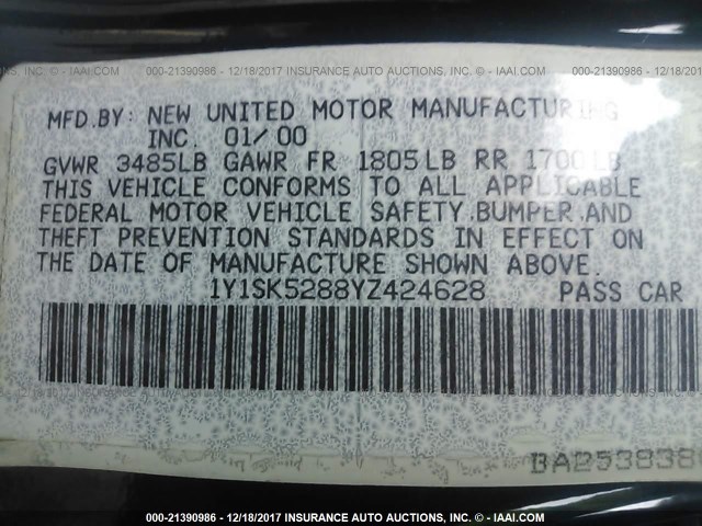 1Y1SK5288YZ424628 - 2000 CHEVROLET GEO PRIZM LSI 蓝色 照片 9