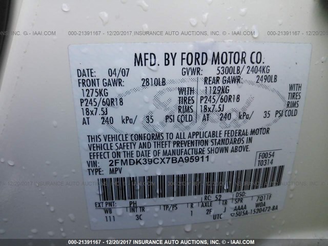 2FMDK39CX7BA95911 - 2007 FORD EDGE SEL PLUS WHITE photo 9