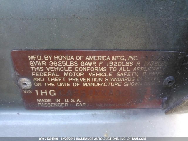 1HGCA554XKA021990 - 1989 HONDA ACCORD LXI GRAY photo 9