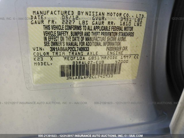 3N1AB6AP2CL740933 - 2012 NISSAN SENTRA 2.0/2.0S/SR/2.0SL SILVER photo 9