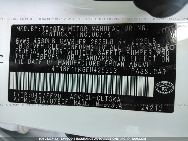 4T1BF1FK6EU425353 - 2014 TOYOTA CAMRY L/SE/LE/XLE 白色 照片 9
