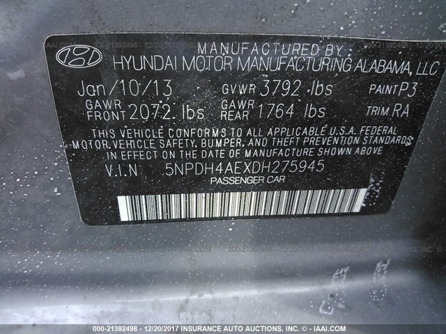 5NPDH4AEXDH275945 - 2013 HYUNDAI ELANTRA GLS/LIMITED GRAY photo 9