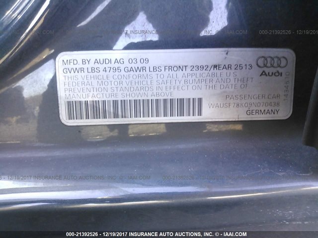 WAUSF78K09N070438 - 2009 AUDI A4 PREMIUM PLUS GRAY photo 9