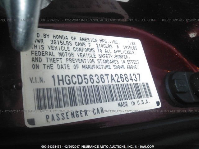 1HGCD5636TA268437 - 1996 HONDA ACCORD LX/EX MAROON photo 9