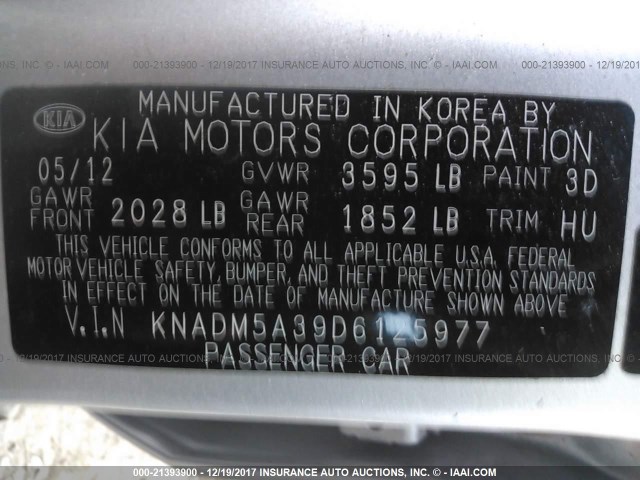 KNADM5A39D6125977 - 2013 KIA RIO LX SILVER photo 9