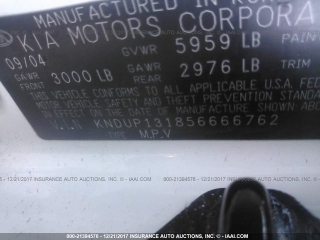 KNDUP131856666762 - 2005 KIA SEDONA EX/LX WHITE photo 9