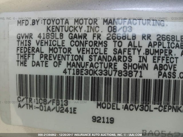 4T1BE30K33U783871 - 2003 TOYOTA CAMRY LE/XLE/SE ვერცხლისფერი ფოტო 9