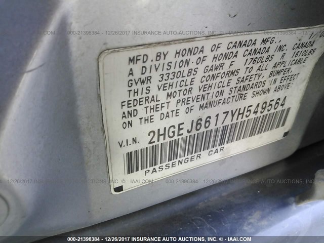 2HGEJ6617YH549564 - 2000 HONDA CIVIC SE SILVER photo 9