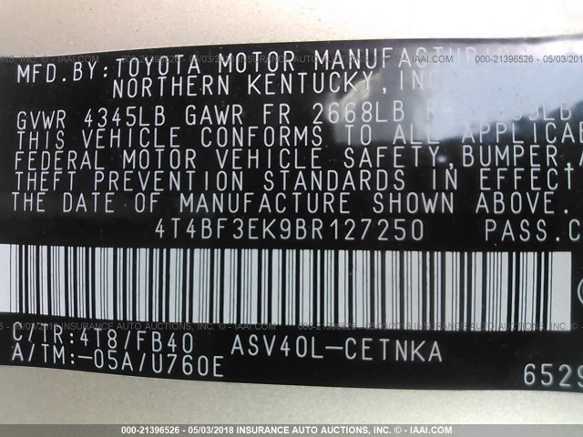 4T4BF3EK9BR127250 - 2011 TOYOTA CAMRY SE/LE/XLE 金色 照片 9