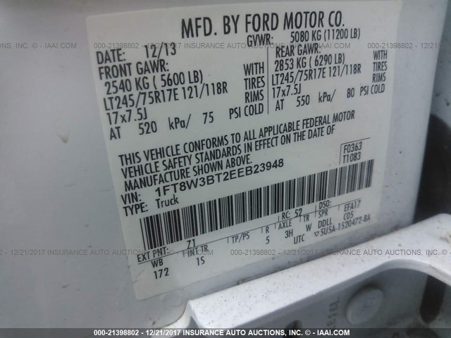 1FT8W3BT2EEB23948 - 2014 FORD F350 WHITE photo 9