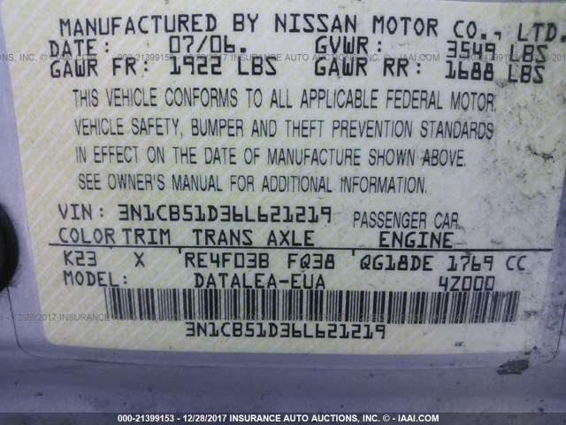 3N1CB51D36L621219 - 2006 NISSAN SENTRA 1.8/1.8S SILVER photo 9