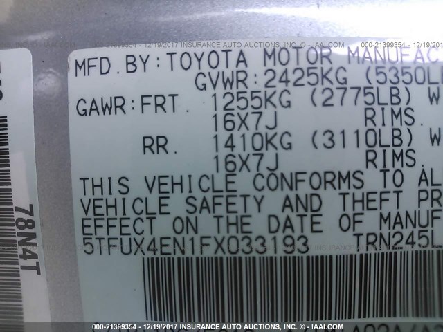 5TFUX4EN1FX033193 - 2015 TOYOTA TACOMA ACCESS CAB Silber Foto 9