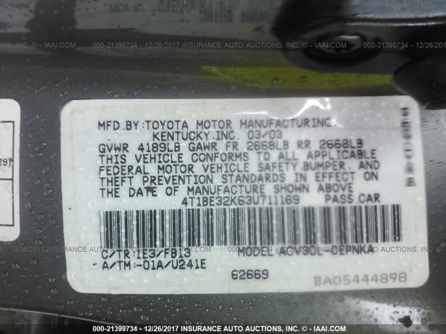 4T1BE32K63U711169 - 2003 TOYOTA CAMRY LE/XLE/SE Boz foto 9