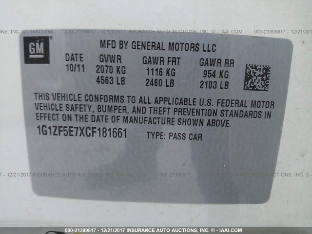 1G1ZF5E7XCF181661 - 2012 CHEVROLET MALIBU 3LT 白色 照片 9