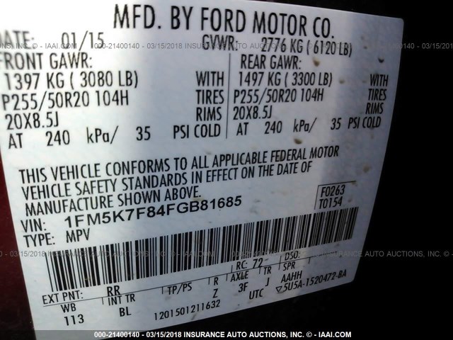 1FM5K7F84FGB81685 - 2015 FORD EXPLORER LIMITED მუქწითელი ფოტო 9