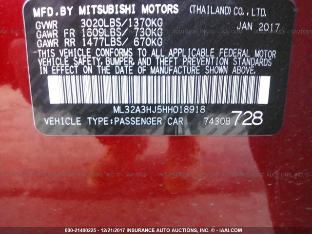ML32A3HJ5HH018918 - 2017 MITSUBISHI MIRAGE ES RED photo 9