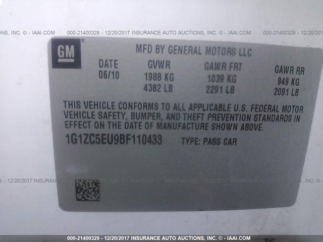 1G1ZC5EU9BF110433 - 2011 CHEVROLET MALIBU 1LT 白色 照片 9