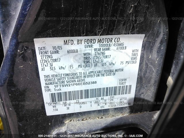 1FTSW21P66EB52388 - 2006 FORD F250 SUPER DUTY BLUE photo 9