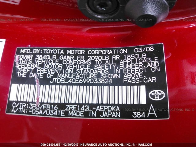 JTDBL40E699033824 - 2009 TOYOTA COROLLA LE/XLE RED photo 9
