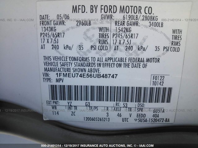 1FMEU74E56UB48747 - 2006 FORD EXPLORER EDDIE BAUER WHITE photo 9