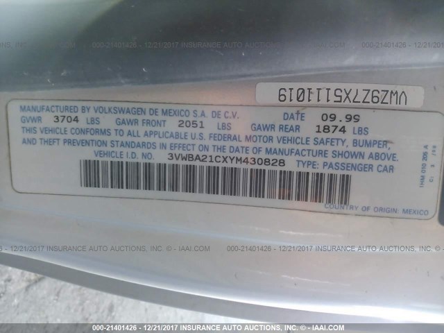 3VWBA21CXYM430828 - 2000 VOLKSWAGEN NEW BEETLE GL 银色 照片 9