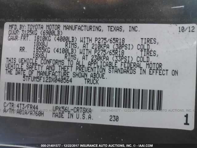 5TFUM5F12DX040564 - 2013 TOYOTA TUNDRA DOUBLE CAB SR5 GRAY photo 9