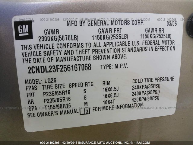 2CNDL23F256167068 - 2005 CHEVROLET EQUINOX LS BEIGE photo 9