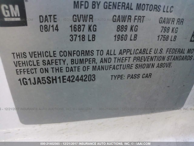 1G1JA5SH1E4244203 - 2014 CHEVROLET SONIC LS Սպիտակ լուսանկար 9