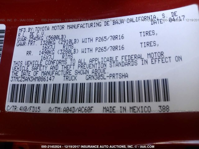 3TMCZ5AN3HM086147 - 2017 TOYOTA TACOMA DBL CAB/SR/TRDSPT/OR/PRO Қызғылт сары фото 9