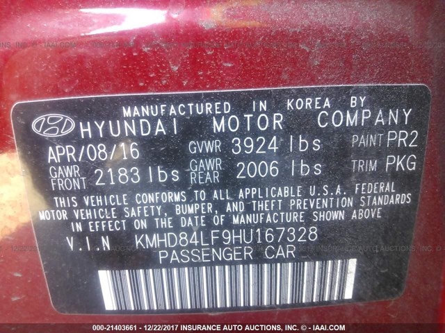 KMHD84LF9HU167328 - 2017 HYUNDAI ELANTRA SE/VALUE/LIMITED RED photo 9