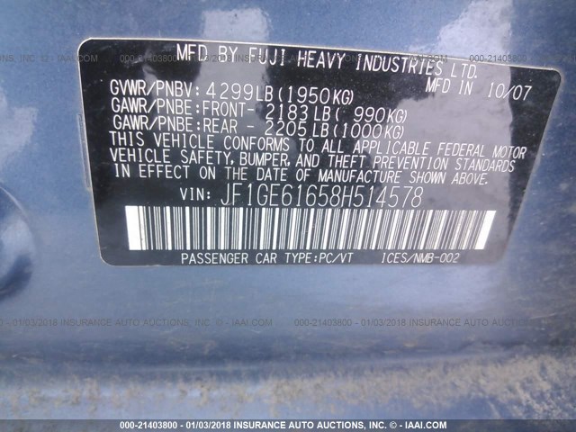 JF1GE61658H514578 - 2008 SUBARU IMPREZA 2.5I BLUE photo 9