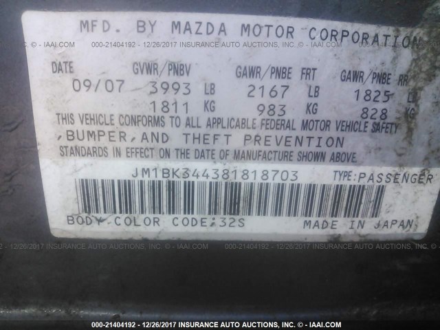 JM1BK344381818703 - 2008 MAZDA 3 HATCHBACK GRAY photo 9