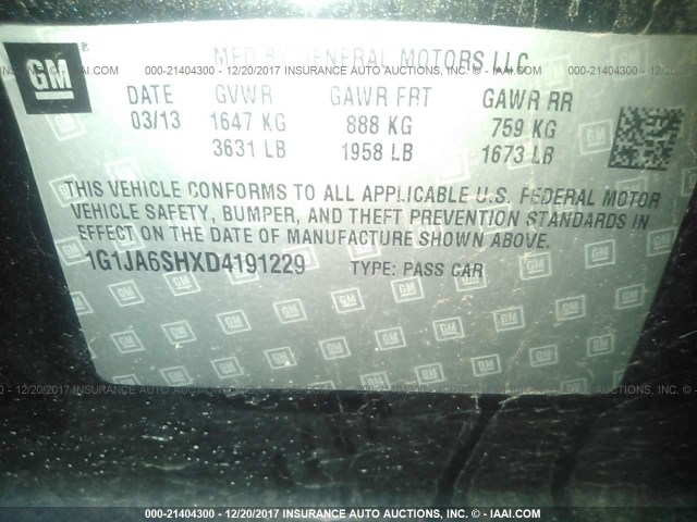 1G1JA6SHXD4191229 - 2013 CHEVROLET SONIC LS 黑色 照片 9