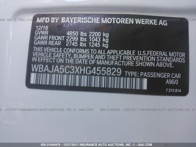 WBAJA5C3XHG455829 - 2017 BMW 530 I WHITE photo 9