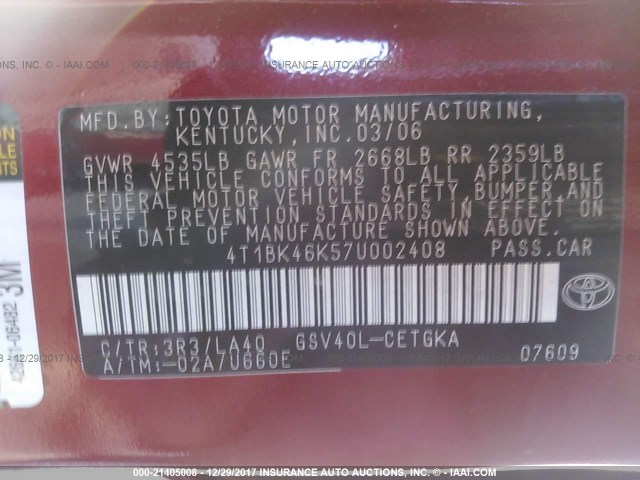 4T1BK46K57U002408 - 2007 TOYOTA CAMRY NEW GENERAT LE/XLE/SE RED photo 9