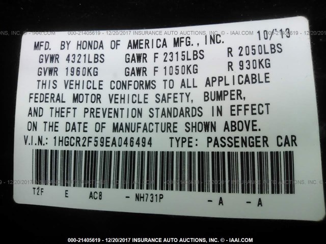 1HGCR2F59EA046494 - 2014 HONDA ACCORD SPORT Қара фото 9