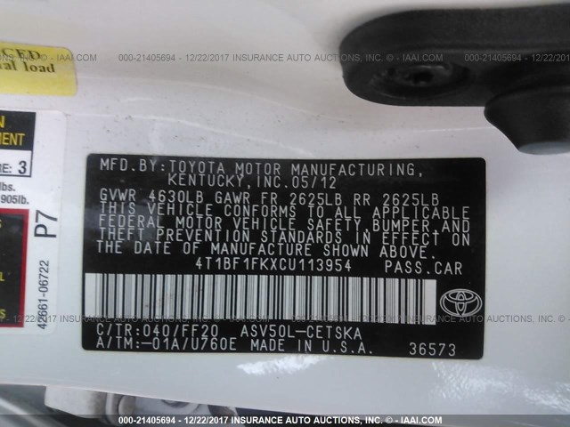 4T1BF1FKXCU113954 - 2012 TOYOTA CAMRY SE/LE/XLE WHITE photo 9