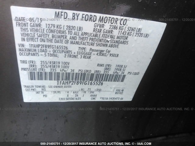 1FAHP2F89FG165526 - 2015 FORD TAURUS LIMITED GRAY photo 9