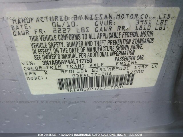 3N1AB6AP4AL717750 - 2010 NISSAN SENTRA 2.0/2.0S/SR/2.0SL SILVER photo 9