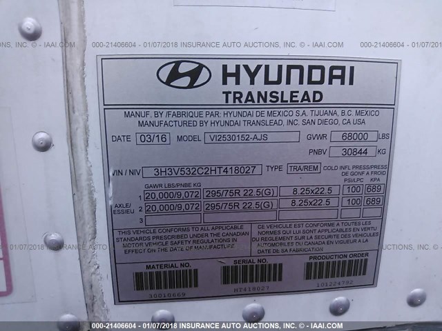 3H3V532C2HT418027 - 2017 HYUNDAI STEEL INDUSTRIES DRY VAN  WHITE photo 9