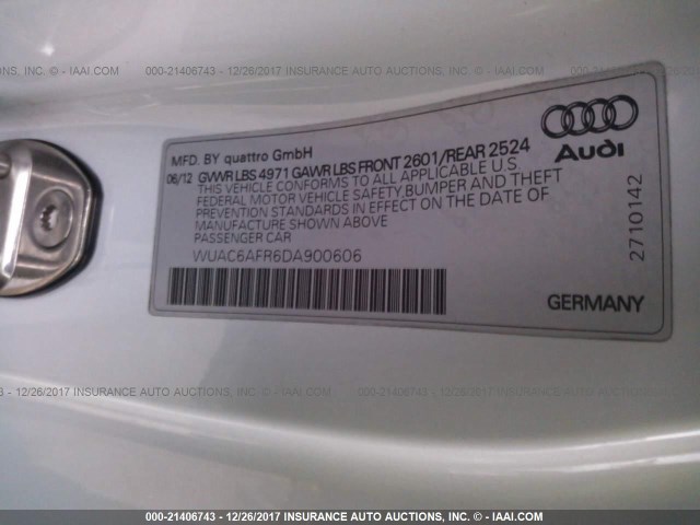 WUAC6AFR6DA900606 - 2013 AUDI RS5 WHITE photo 9