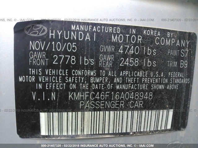 KMHFC46F16A048948 - 2006 HYUNDAI AZERA SE/LIMITED SILVER photo 9