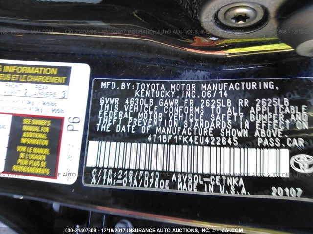 4T1BF1FK4EU422645 - 2014 TOYOTA CAMRY L/SE/LE/XLE 黑色 照片 9