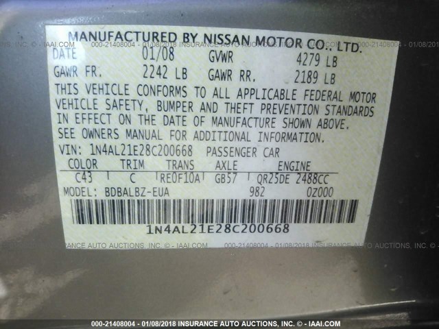 1N4AL21E28C200668 - 2008 NISSAN ALTIMA 2.5/2.5S TAN photo 9