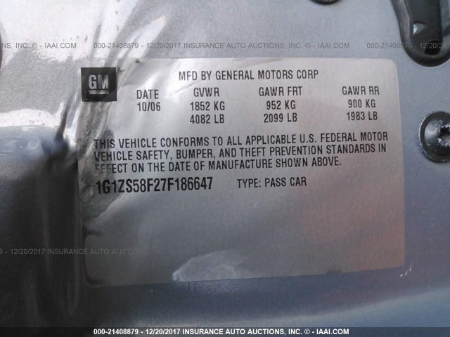 1G1ZS58F27F186647 - 2007 CHEVROLET MALIBU LS 蓝色 照片 9