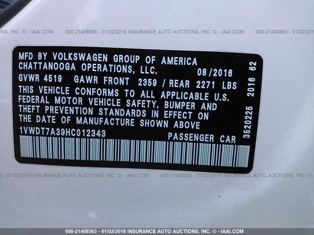 1VWDT7A39HC012343 - 2017 VOLKSWAGEN PASSAT R-LINE Ağ foto 9