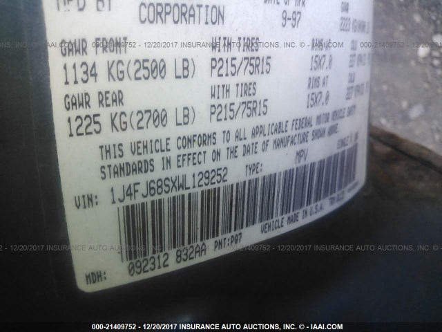 1J4FJ68SXWL129252 - 1998 JEEP CHEROKEE SPORT/CLASSIC Niebieski zdjęcie 9