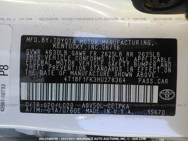 4T1BF1FK3HU278364 - 2017 TOYOTA CAMRY LE/XLE/SE/XSE WHITE photo 9